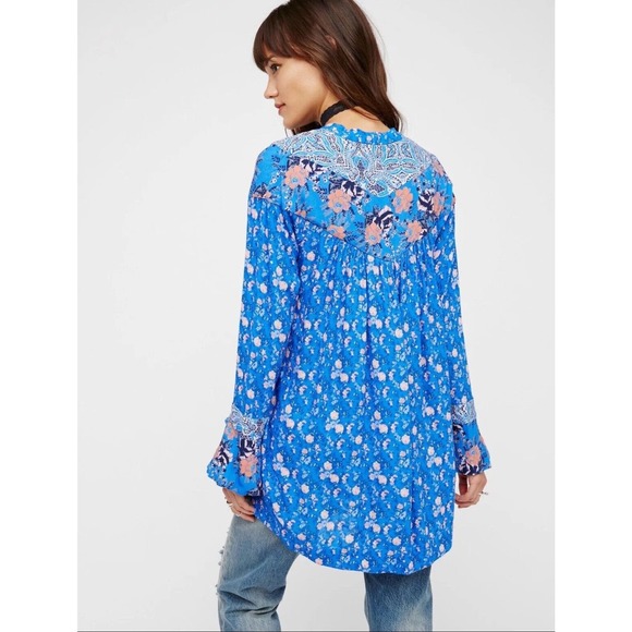 Free People Wildflower Fields Blue Orange Floral Tunic Top Sz S Bell Sleeve - Picture 12 of 12